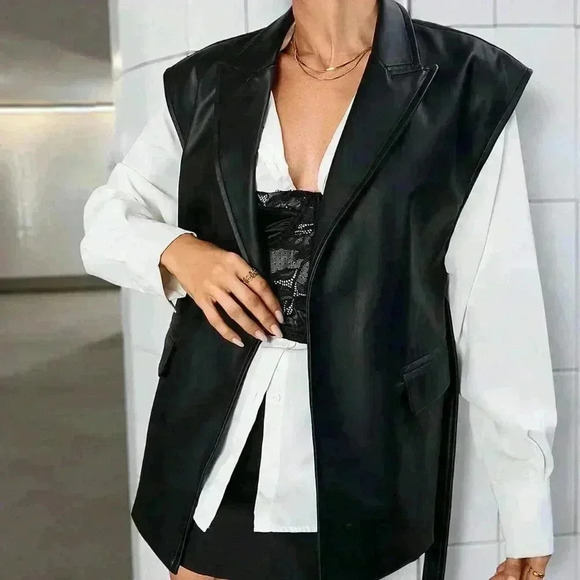Black Elegant Women's Vintage Faux Leather Lapel Vest Jacket - Picture 6 of 7